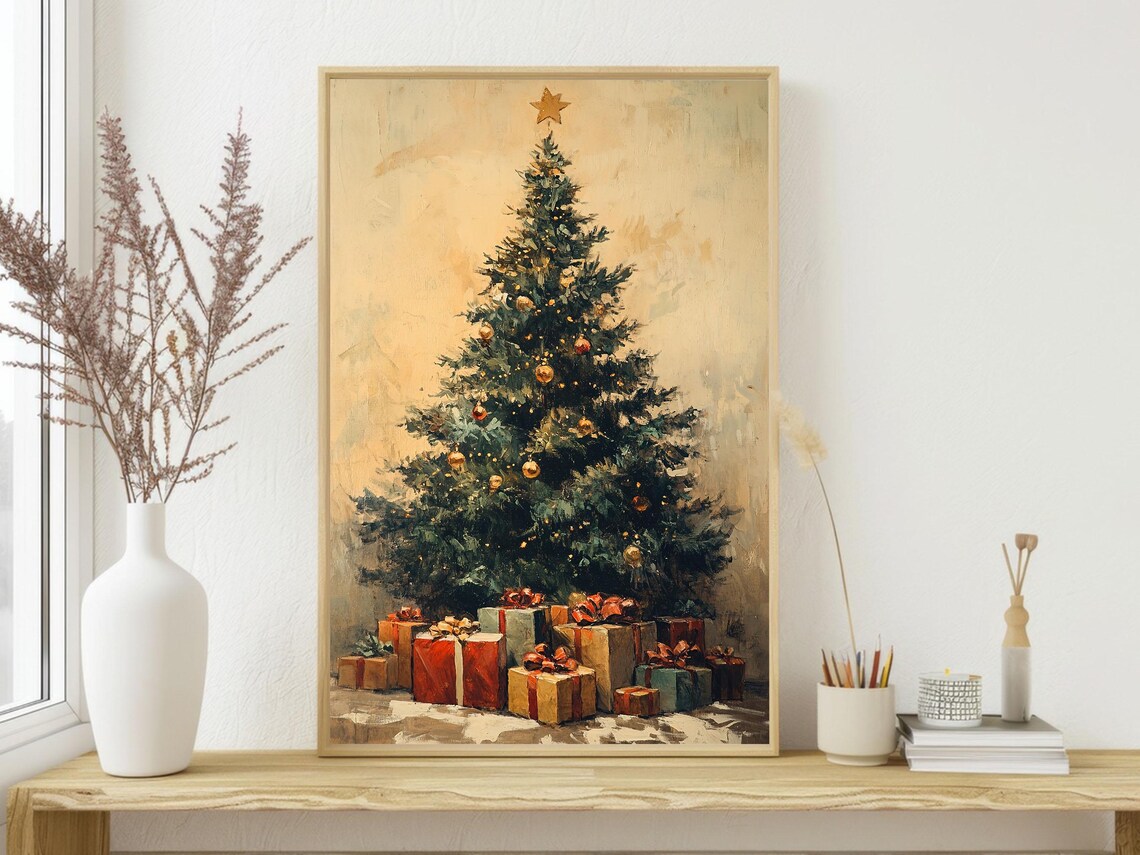 Vintage Christmas Tree With Gold Star and Gifts Oil Painting Poster - Image 3