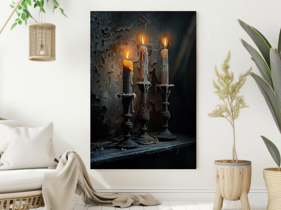 Three Burning Black Candles Dripping Wax Gothic Still Life Art Poster - Image 2