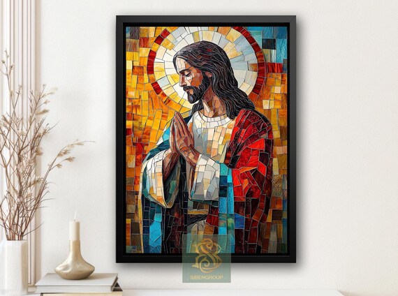 Praying Jesus Christ Stained Glass Mosaic Gold Halo Christian Poster
