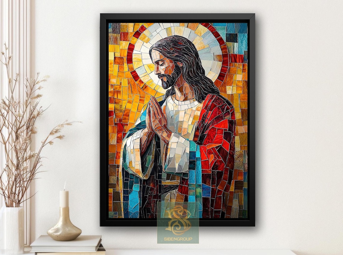 Praying Jesus Christ Stained Glass Mosaic Gold Halo Christian Poster
