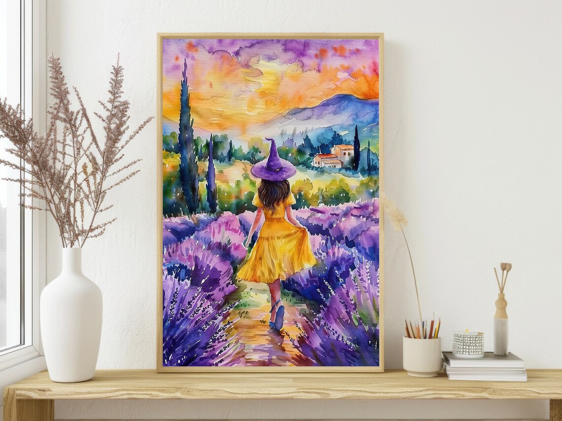 Young Witch in Yellow Dress Lavender Field Sunset Watercolor Art Poster - Image 4