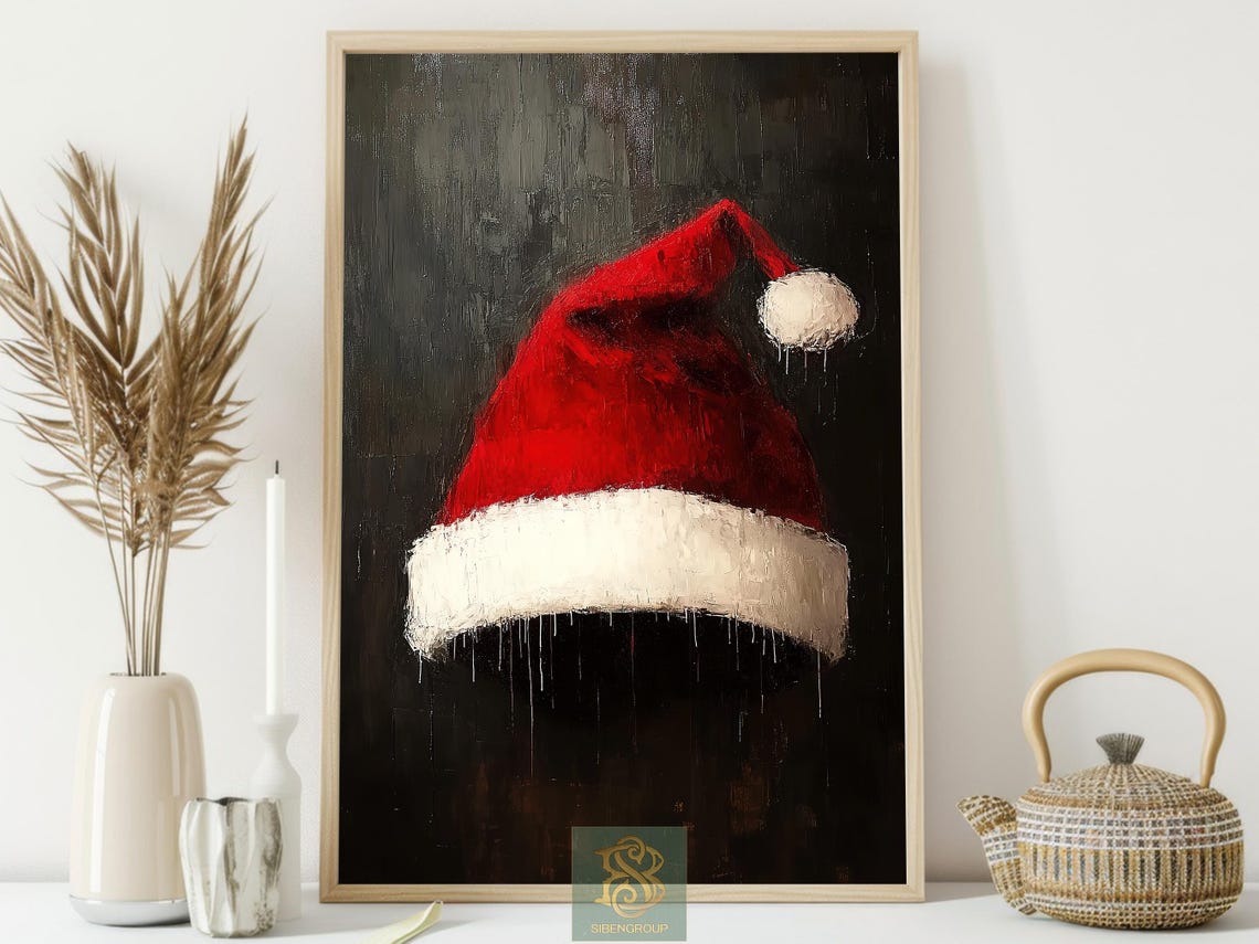 Red Santa Hat On Dark Background Textured Christmas Holiday Print - Image 3
