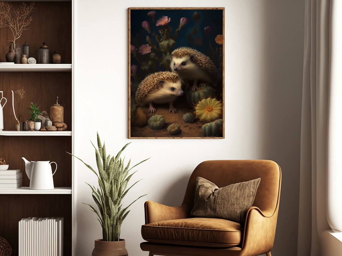Two Hedgehogs Cactus Garden Night Cute Wildlife Animal Painting Art Poster - Image 4