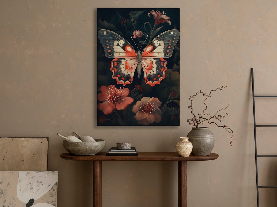 Coral Butterfly With Red And White Wings Among Dark Blossoms Poster - Image 4