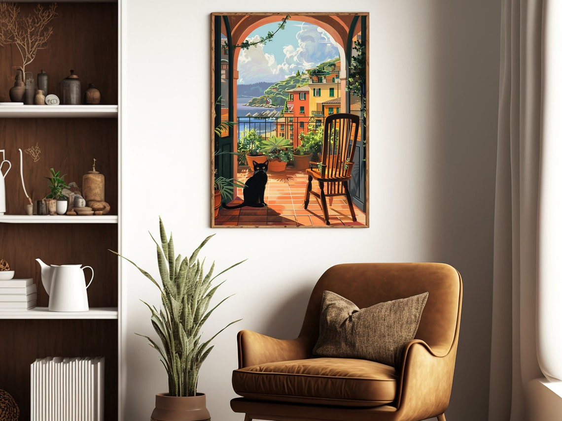 Black Cat On Italian Terrace Overlooking Coastal Town Travel Poster - Image 4
