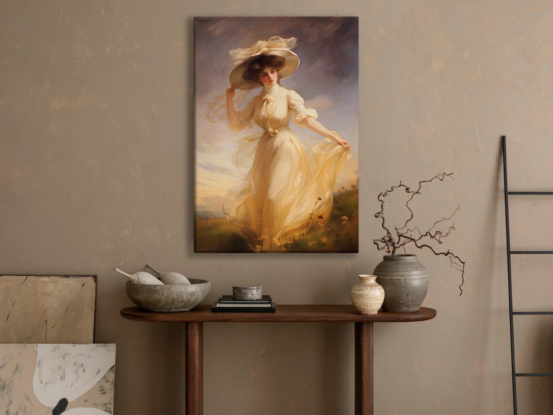 Country Lady Cream Dress Straw Hat Sunset Meadow Romantic Oil Painting Poster - Image 4