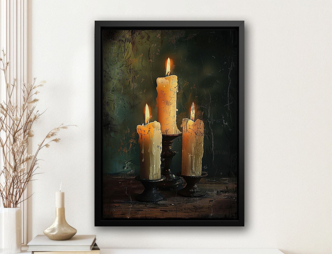 Three Lit Candles Dark Moody Still Life Gothic Candlelight Poster