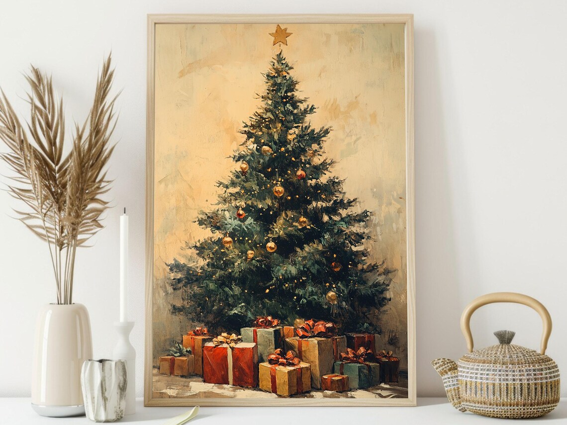 Vintage Christmas Tree With Gold Star and Gifts Oil Painting Poster - Image 4