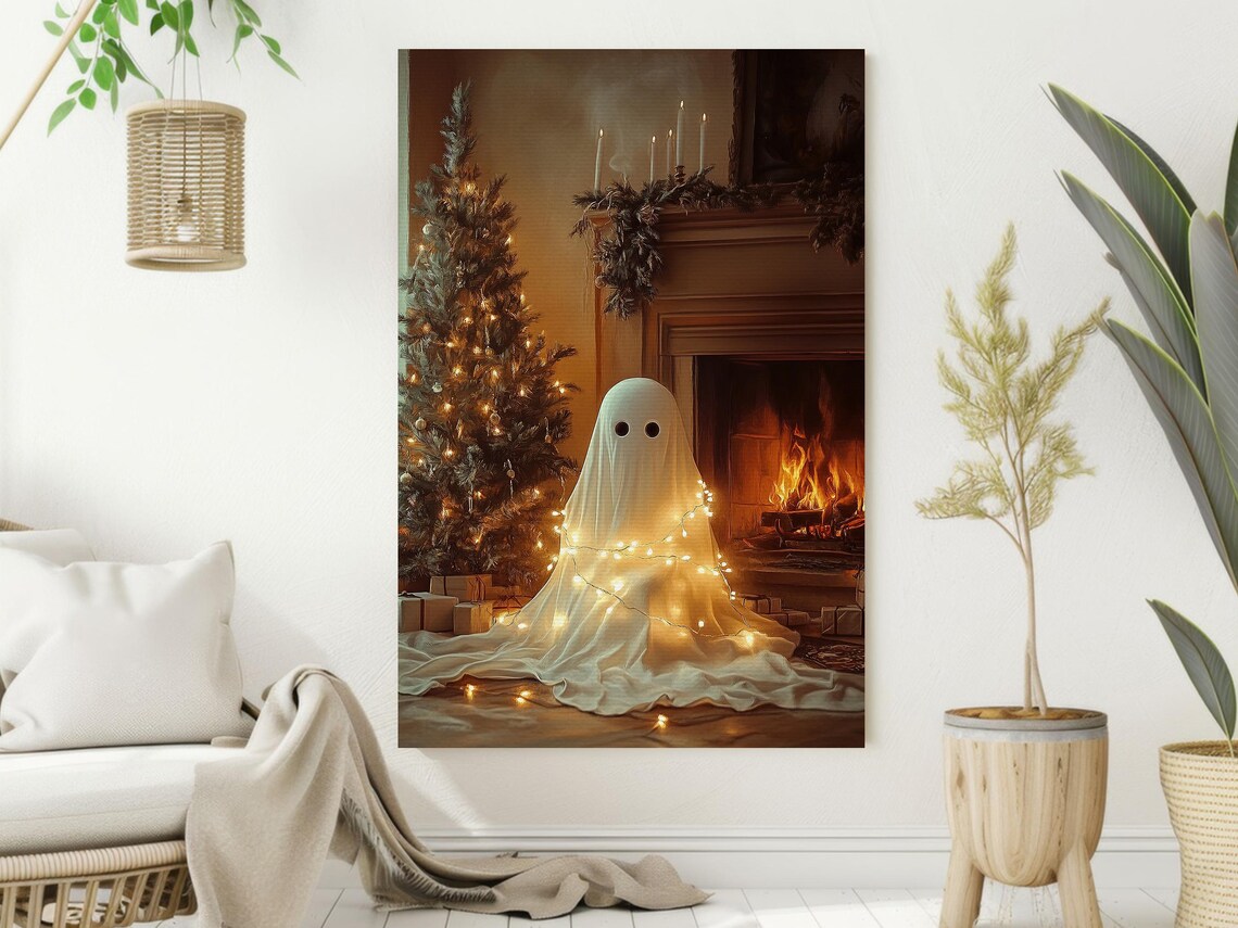Cozy Christmas Ghost Painting, Holiday Poster Print - Image 2