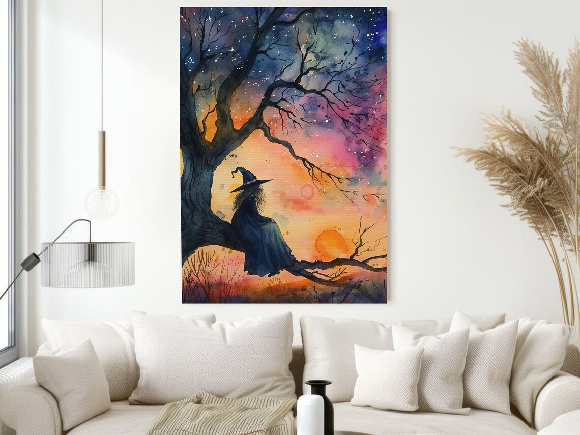 Witch Sitting On Tree Branch Galaxy Sunset Starry Watercolor Halloween Art Poster - Image 2