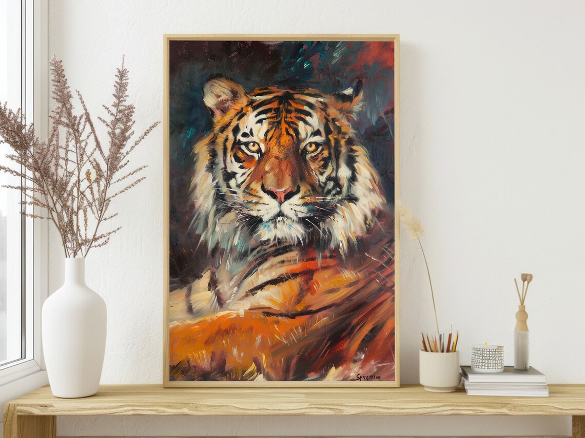 Majestic Tiger Portrait Painterly Big Cat Orange Teal Wall Poster - Image 4