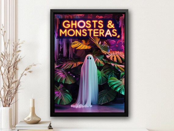 Ghosts and Monsteras Neon Sign Tropical Leaves Halloween Art Poster