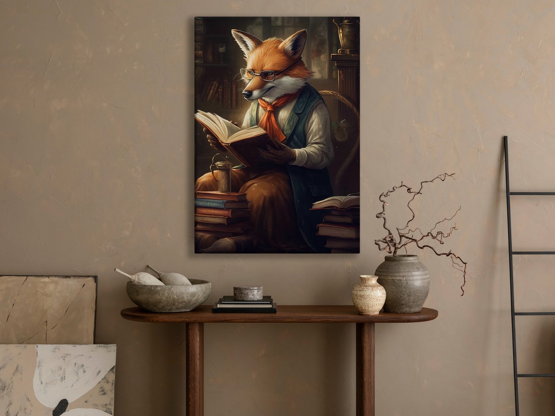 Scholar Fox Reading Book Library Glasses Dark Academia Poster - Image 4