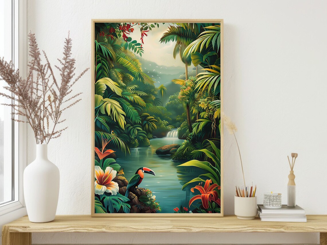 Tropical Jungle River Toucan Hibiscus Palms Rousseau Style Rainforest Art Poster - Image 3
