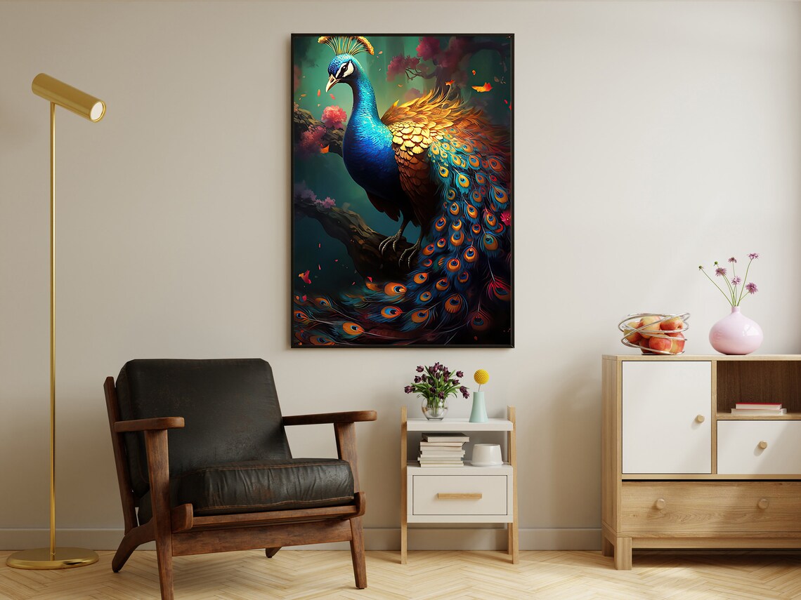 Vibrant Peacock Full Tail Feathers Iridescent Blue Bird Art Print Poster - Image 3