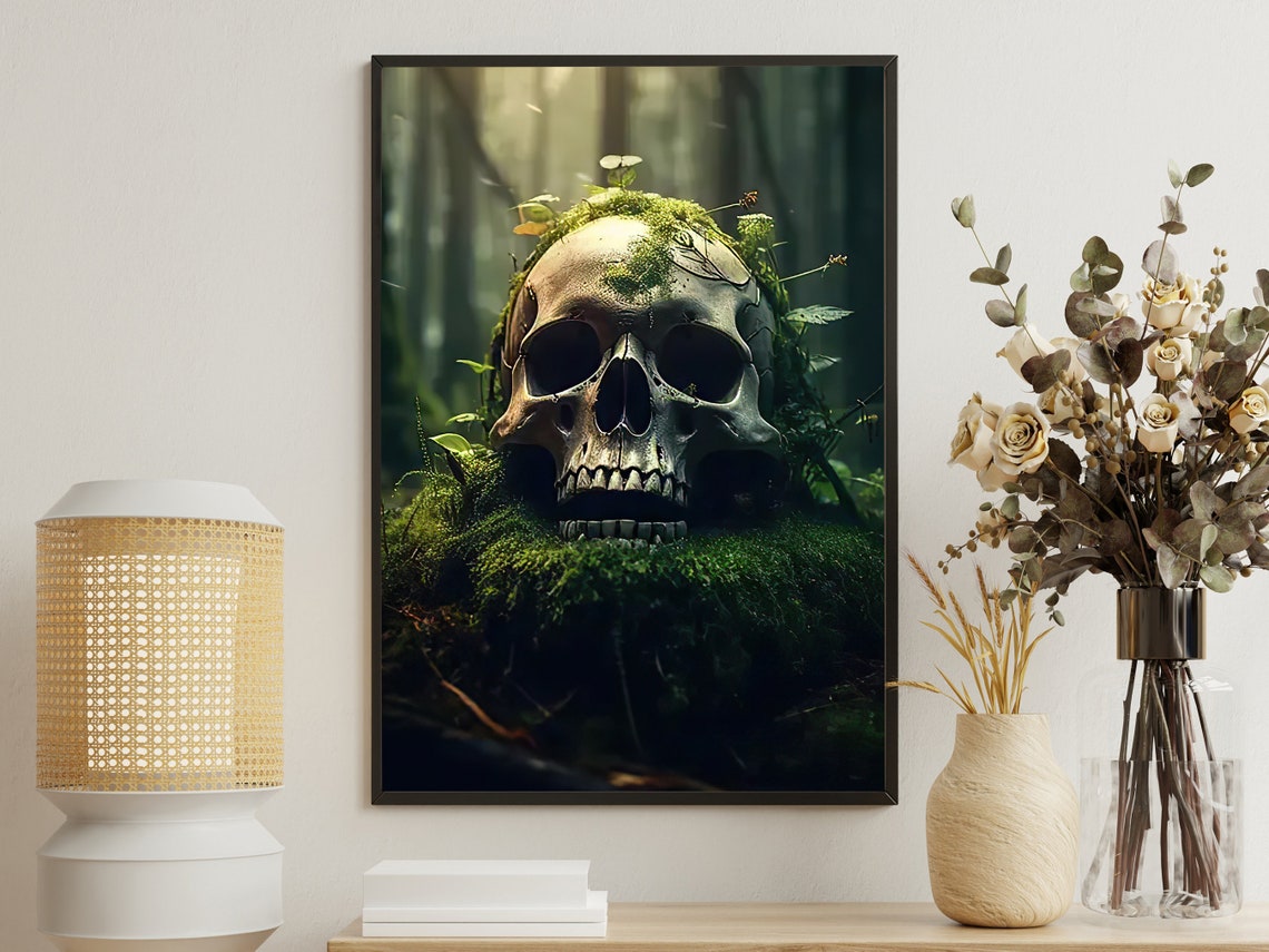 Moss Covered Skull Sunlit Forest Gothic Nature Memento Poster