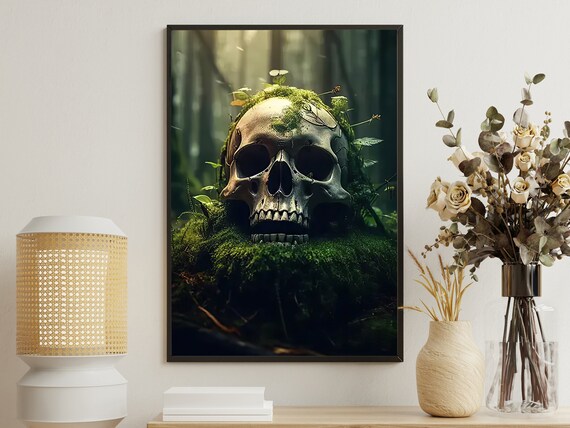 Moss Covered Skull Sunlit Forest Gothic Nature Memento Poster