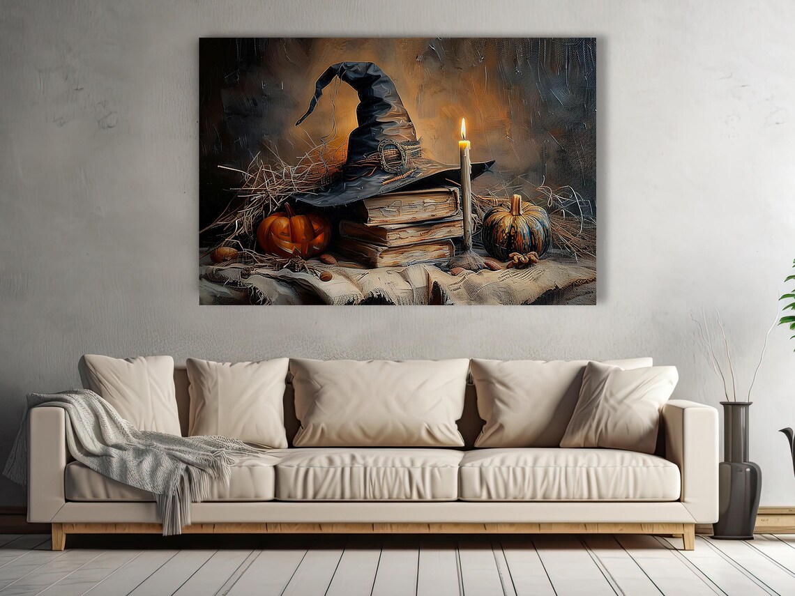 Vintage Witch Hat Spell Books Pumpkins Candlelit Halloween Still Life Poster - Image 3