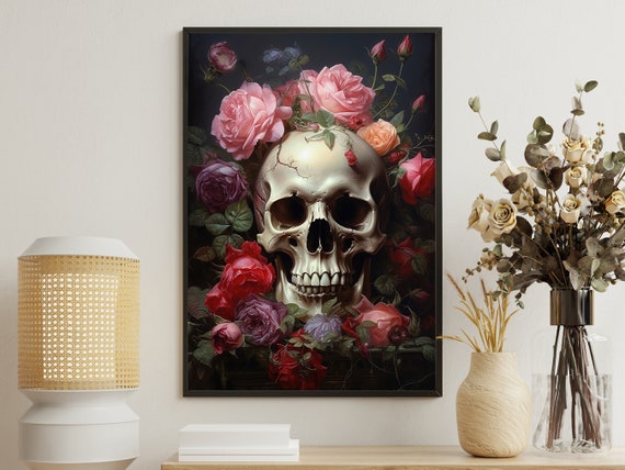 Dark Floral Skull Painting Skull Art Print Skull Print Gothic Art Print Dark Academia Art Skull Poster Print Skull Wall Decor