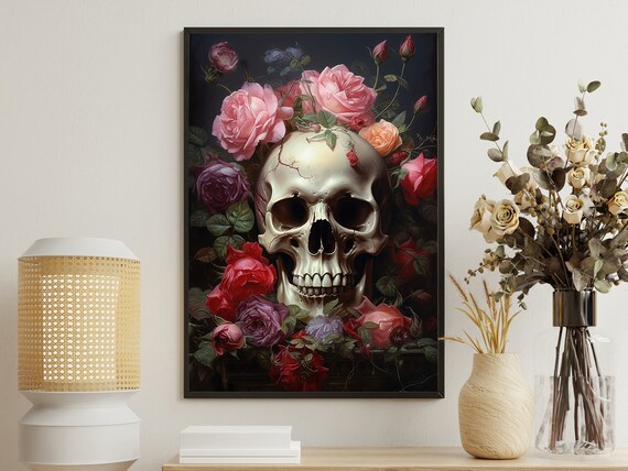 Skull Crowned With Pink Red Roses Dark Floral Gothic Vintage Baroque Poster