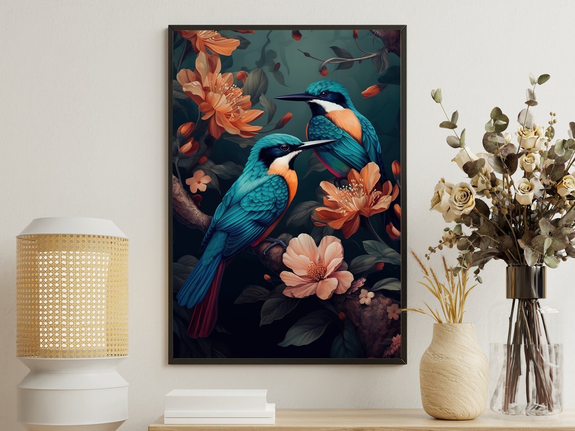 Vintage Floral Bird Painting Bird Art Print Bird Print Bird Poster Print Flowers Wall Decor Animal Art Print Botanical Painting
