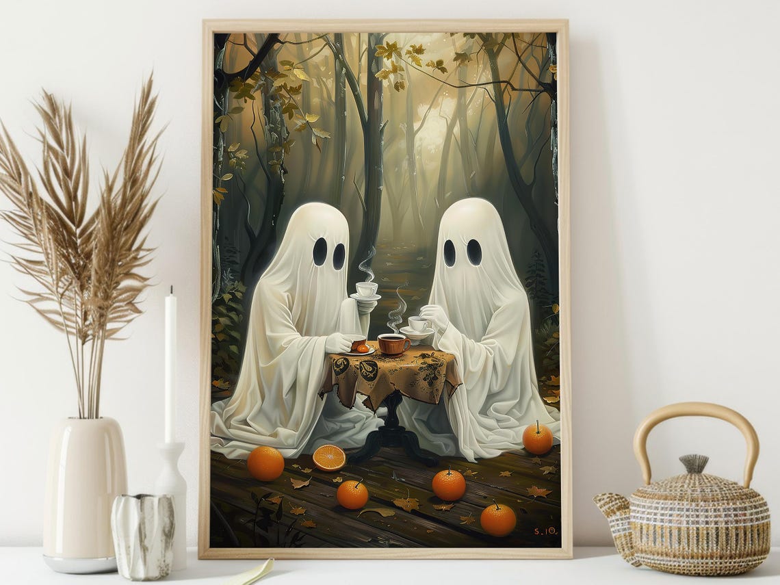 Two Ghosts Having Tea Party in Autumn Forest Cozy Cottagecore Poster - Image 4