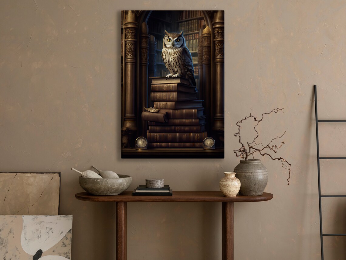 Wise Owl Perched Stack Antique Books Grand Library Dark Academia Poster - Image 4
