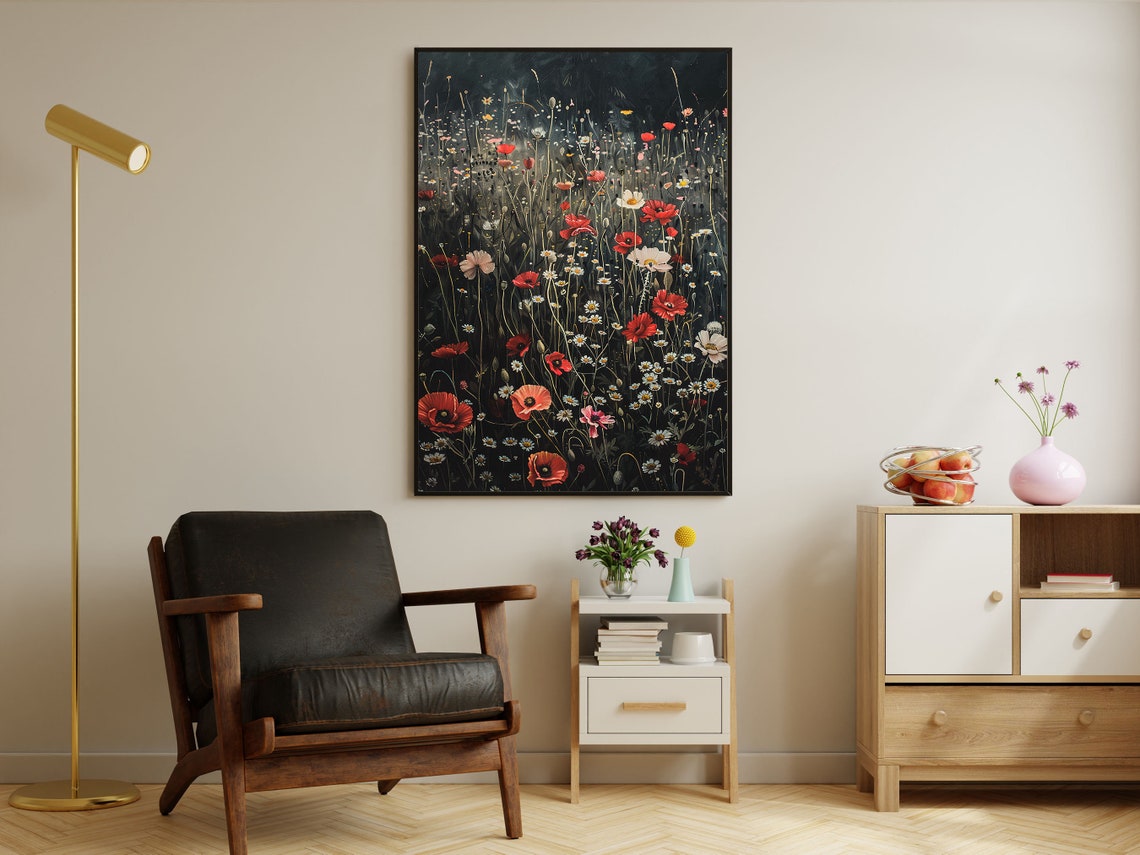 Wildflower Meadow At Night Red Poppies Daisies Dark Floral Poster - Image 4