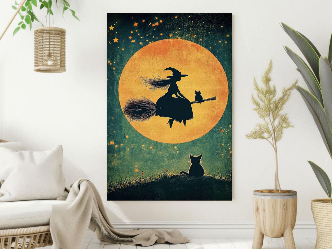 Witch Silhouette Flying Across Glowing Harvest Moon Night Art Print - Image 2
