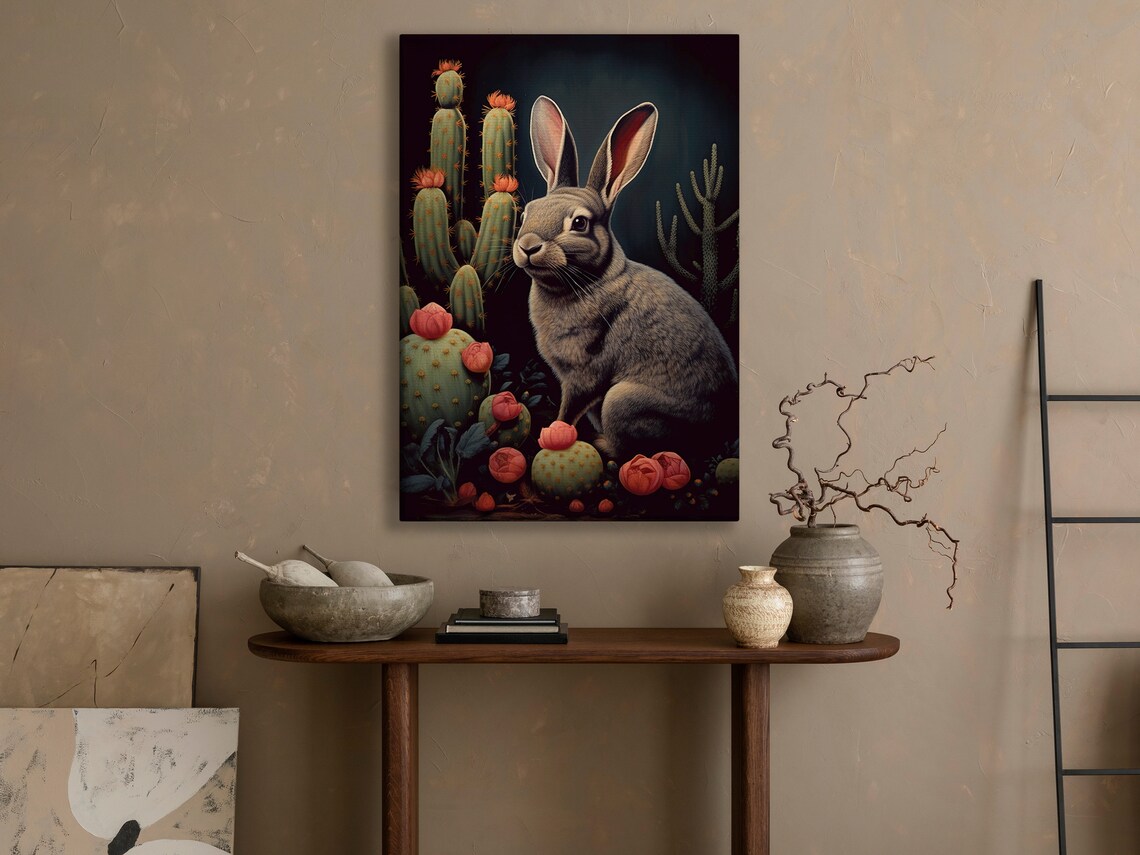 Desert Rabbit Cactus Garden Dark Vintage Wildlife Bunny Painting Art Poster - Image 4