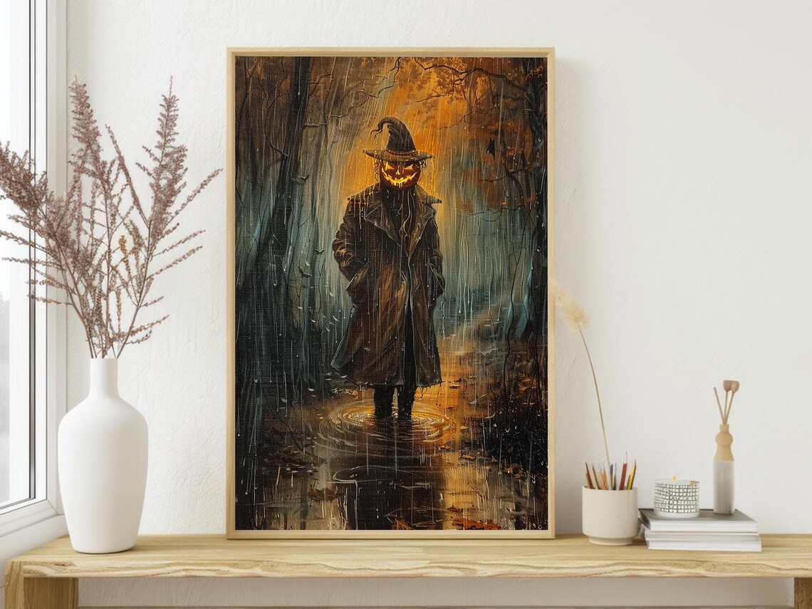 Spooky Pumpkin Head Man in Rainy Dark Forest Oil Painting Poster - Image 3