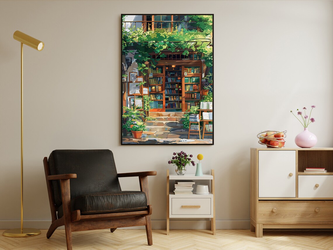 Cozy Bookstore Front Vines Bookshelves Illustration Bookshop Reading Nook Art Poster - Image 2