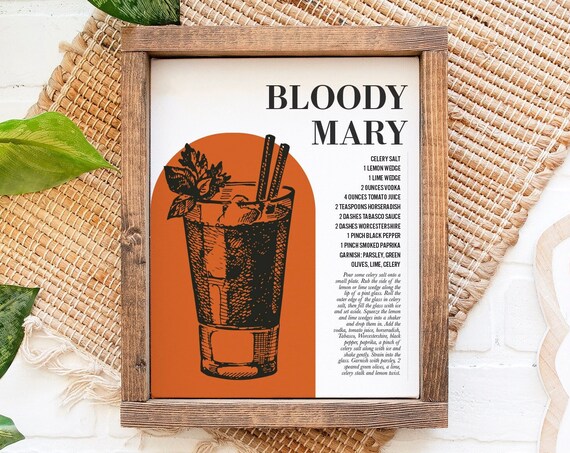 Bloody Mary Cocktail Recipe Illustration Retro Rustic Bar Wall Poster