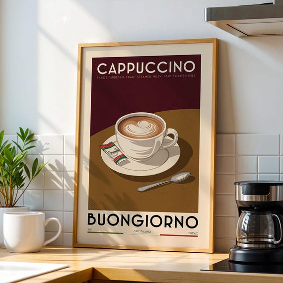 Cappuccino Coffee Poster Kitchen Bar Art Print Sign Vintage Modern For Gift