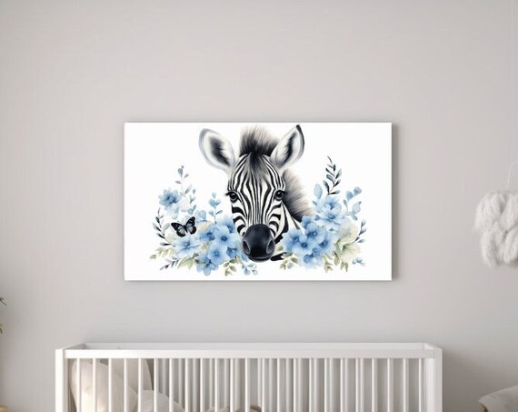 Zebra with Blue Flowers and Butterfly Watercolor Nursery Poster