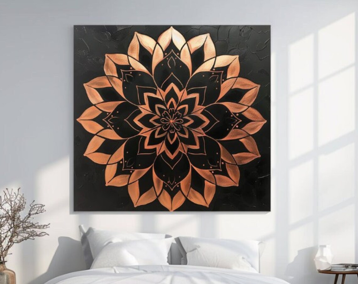 Rose Gold Mandala Black Background Intricate Floral Wall Art Decor