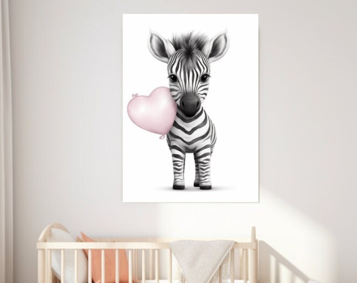 Cute Baby Zebra With Pink Heart Balloon Black And White Art Poster