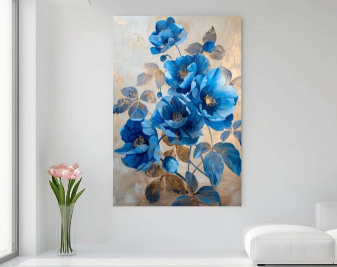 Cobalt Blue Flowers With Golden Leaves Vintage Floral Wall Art