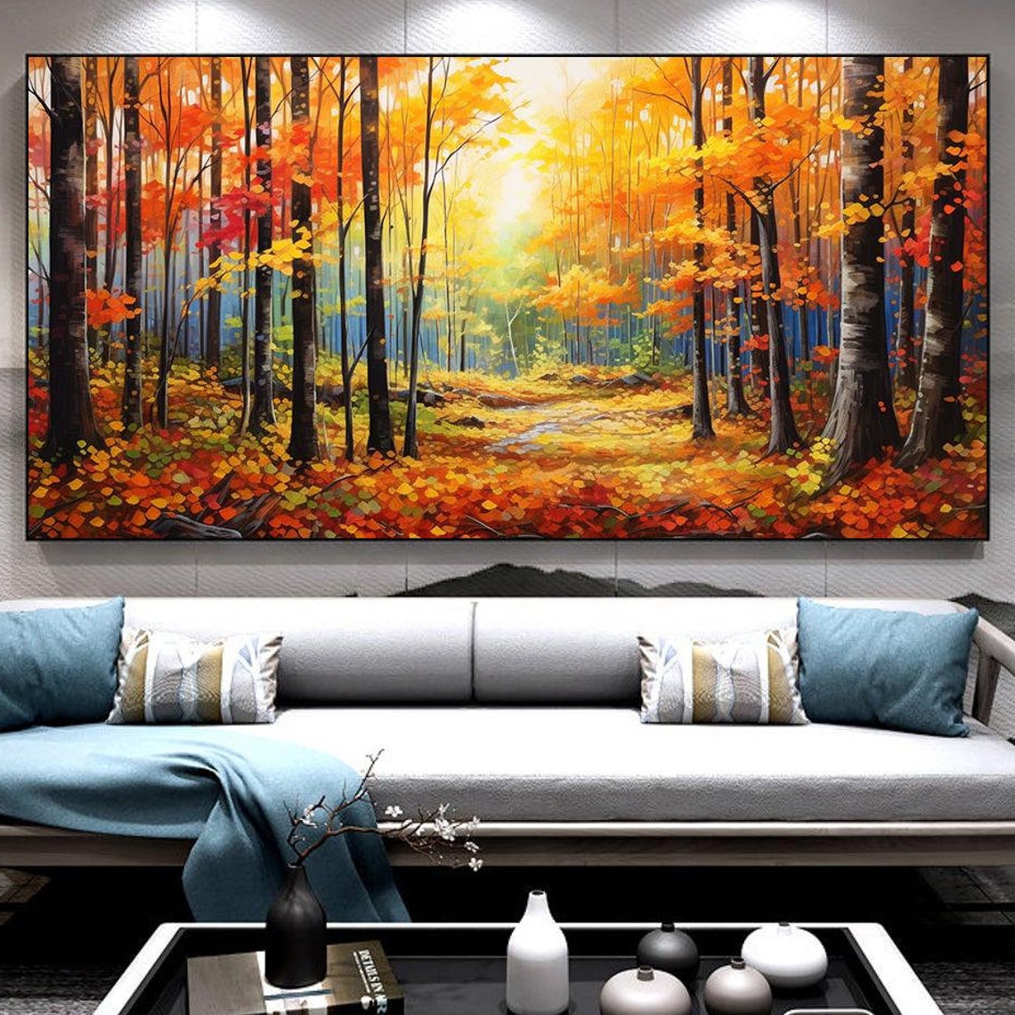 Golden Autumn Forest Sunlit Path Fall Landscape Painting Poster