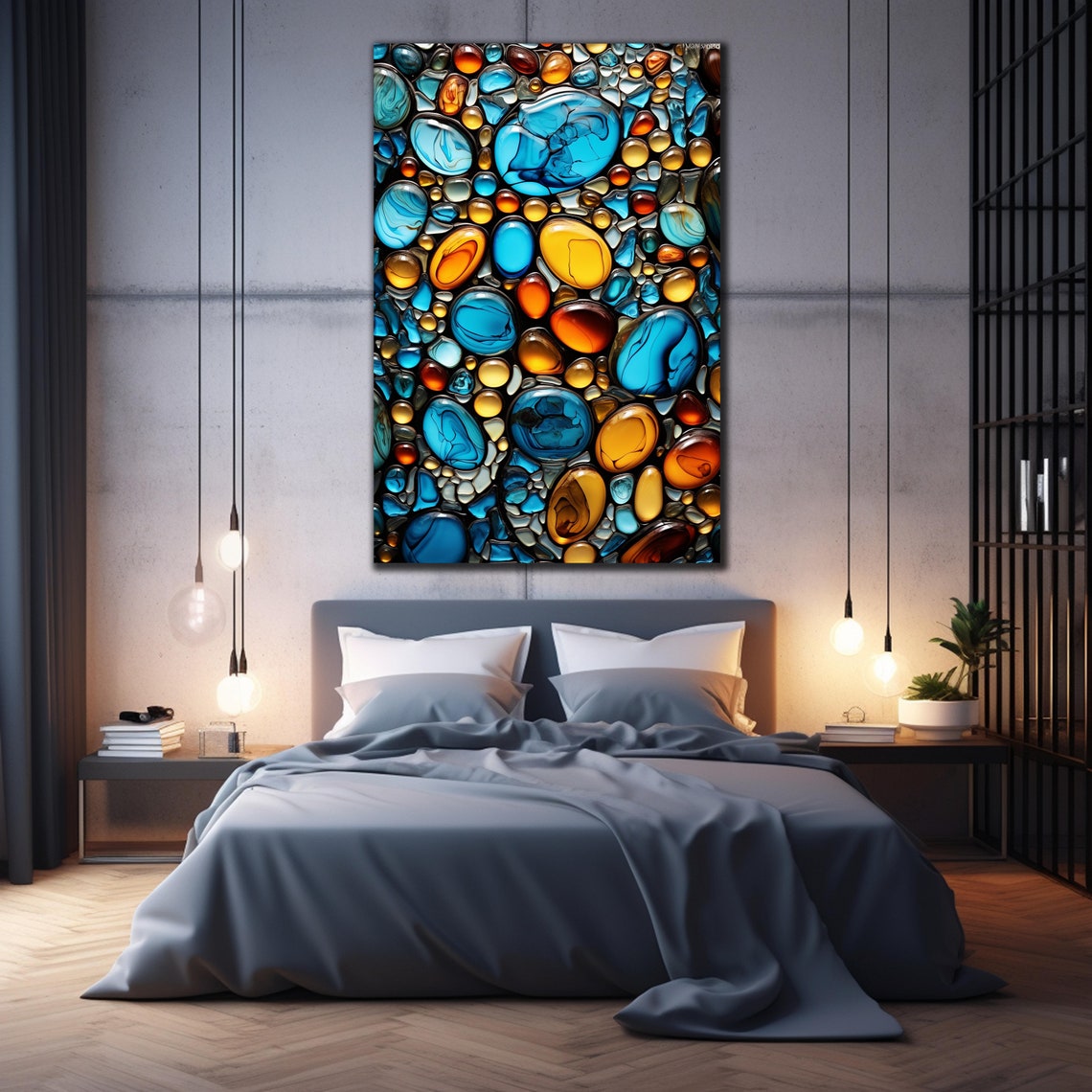 Glossy Glass Pebbles Mosaic Blue Amber Stones Abstract Wall Poster - Image 2