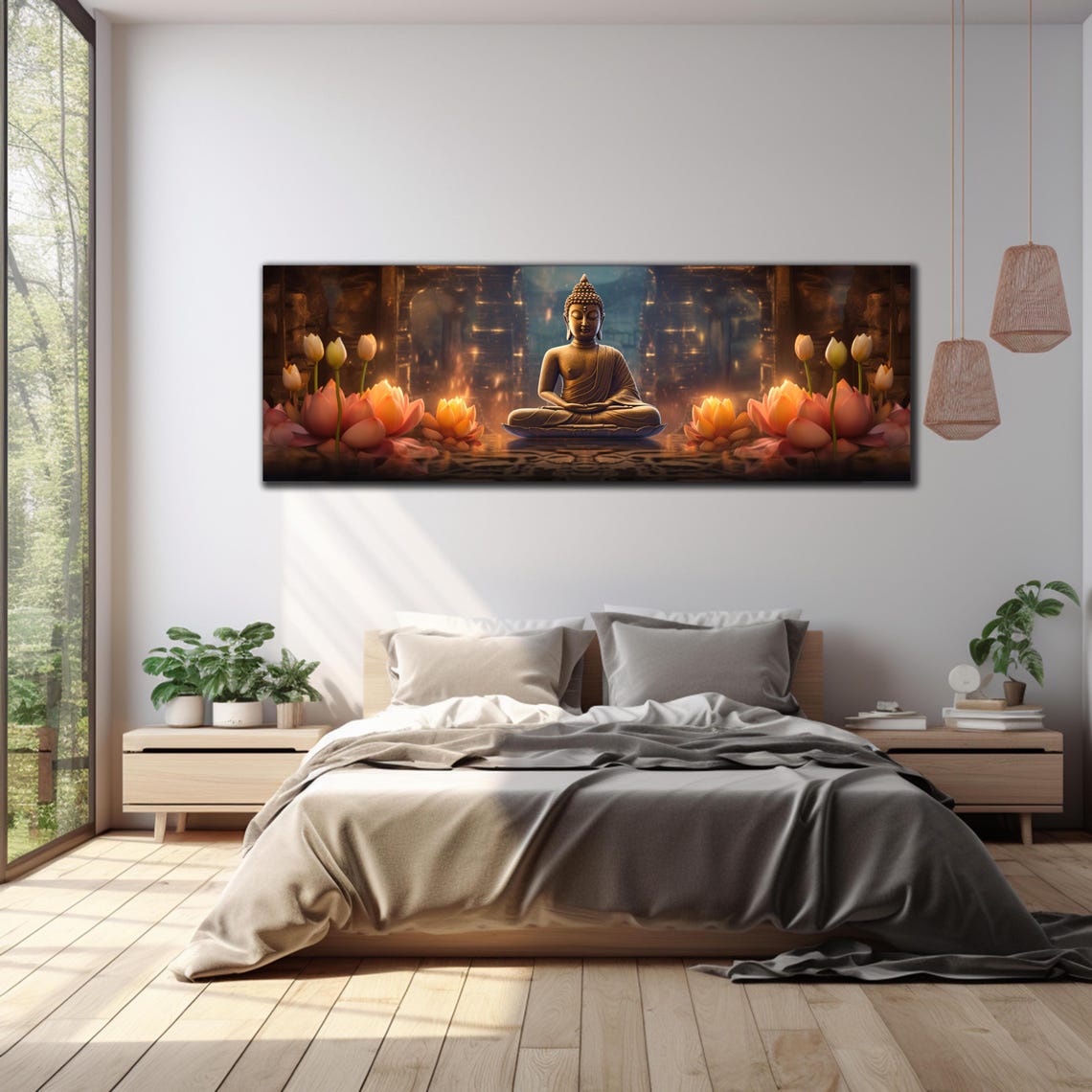 Buddha Lotus Flower Temple Warm Golden Glow Panoramic Wall Art - Image 4