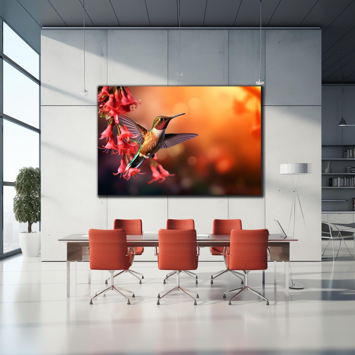 Copper Hummingbird Red Trumpet Flowers Warm Sunset Garden Poster - Image 2