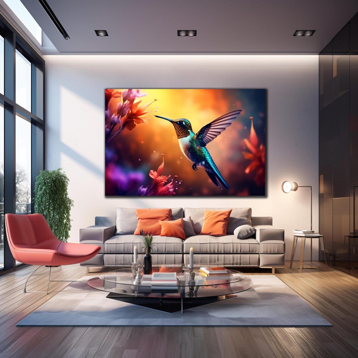 Iridescent Hummingbird Golden Sunset Orange Flowers Flight Poster - Image 3