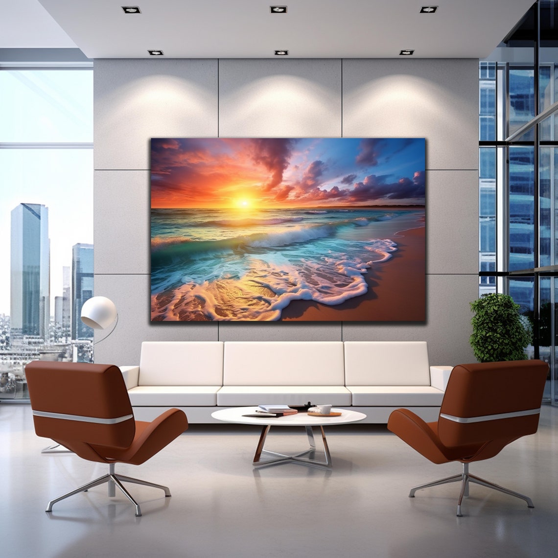 Sunset Beach Foamy Waves Golden Horizon Coastal Art Wall Poster - Image 3