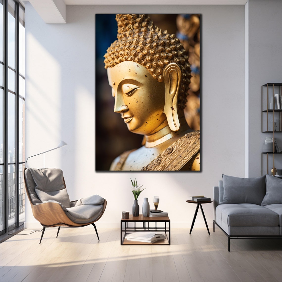 Golden Buddha Face Profile Close Up Serene Statue Wall Art Poster - Image 3