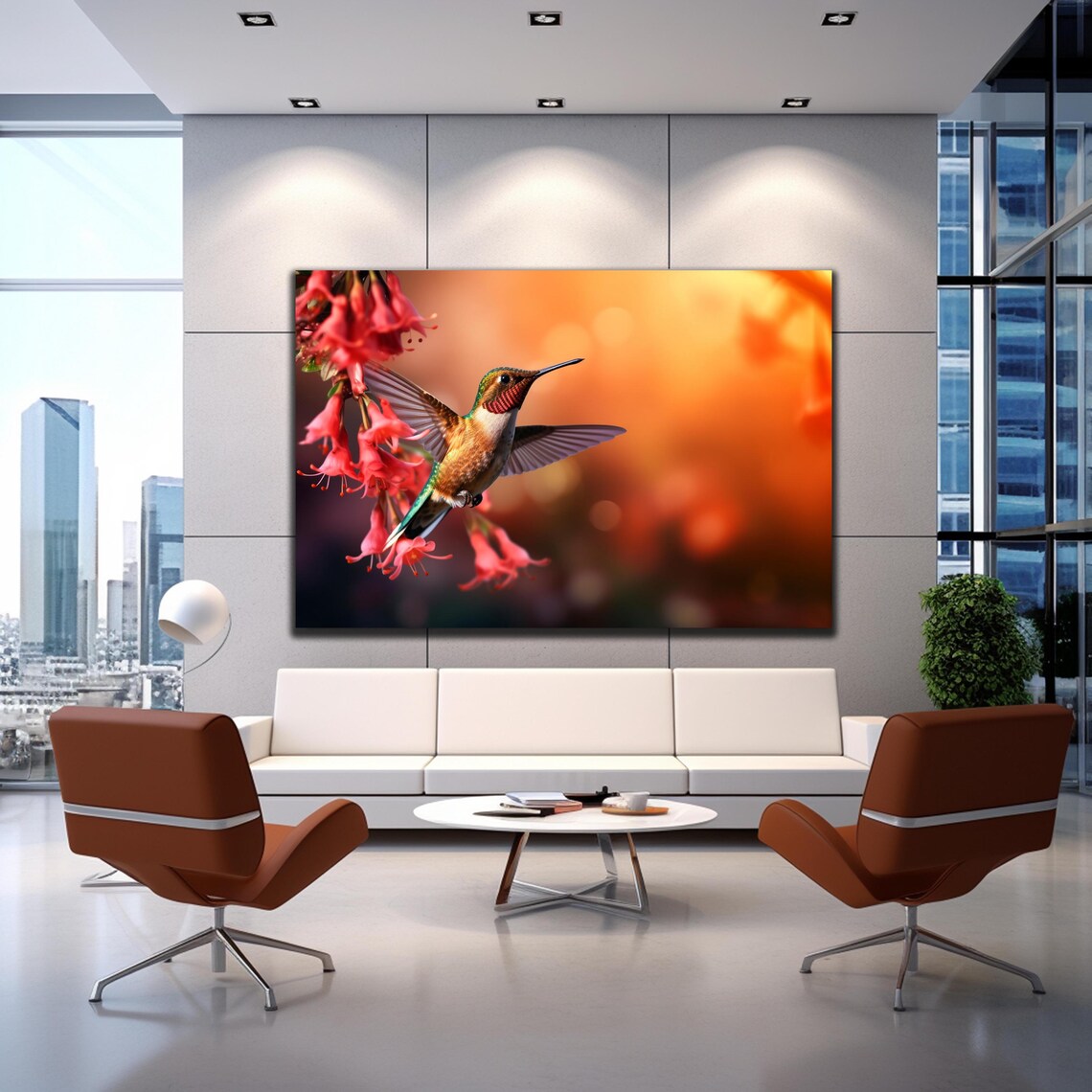 Copper Hummingbird Red Trumpet Flowers Warm Sunset Garden Poster - Image 3