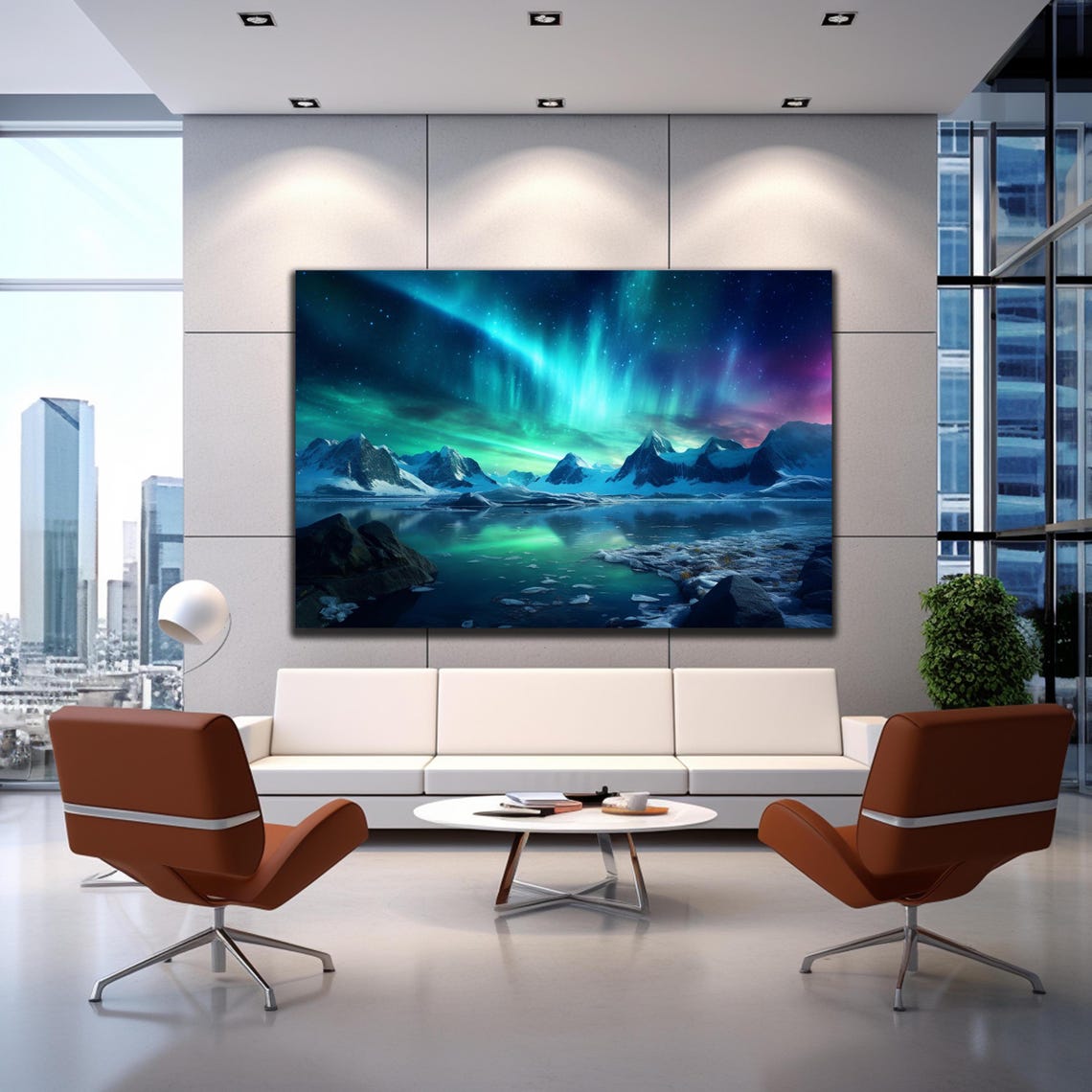 Green Aurora Borealis Snowy Peaks Night Sky Mountain Lake Poster - Image 2