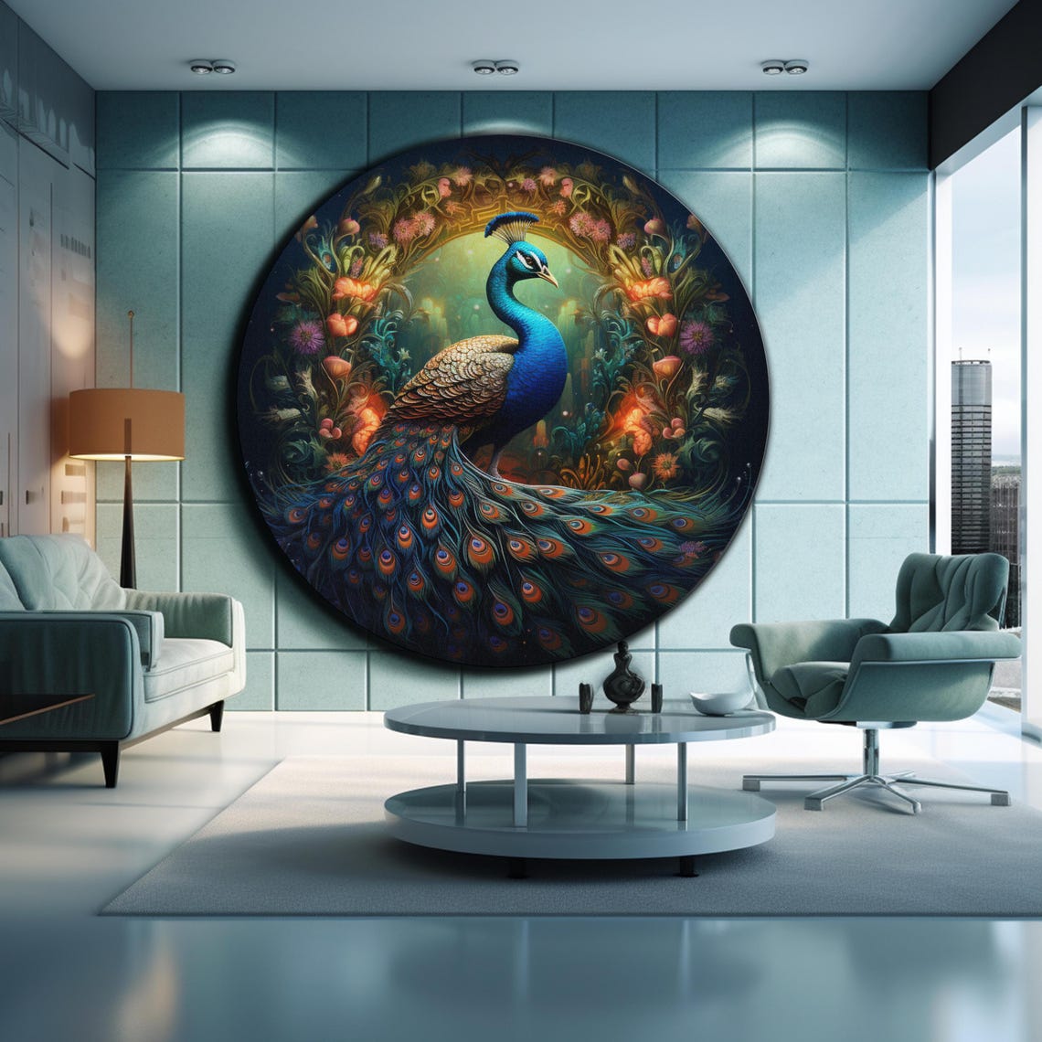 Peacock Night Garden Floral Arch Midnight Bloom Round Wall Art - Image 2