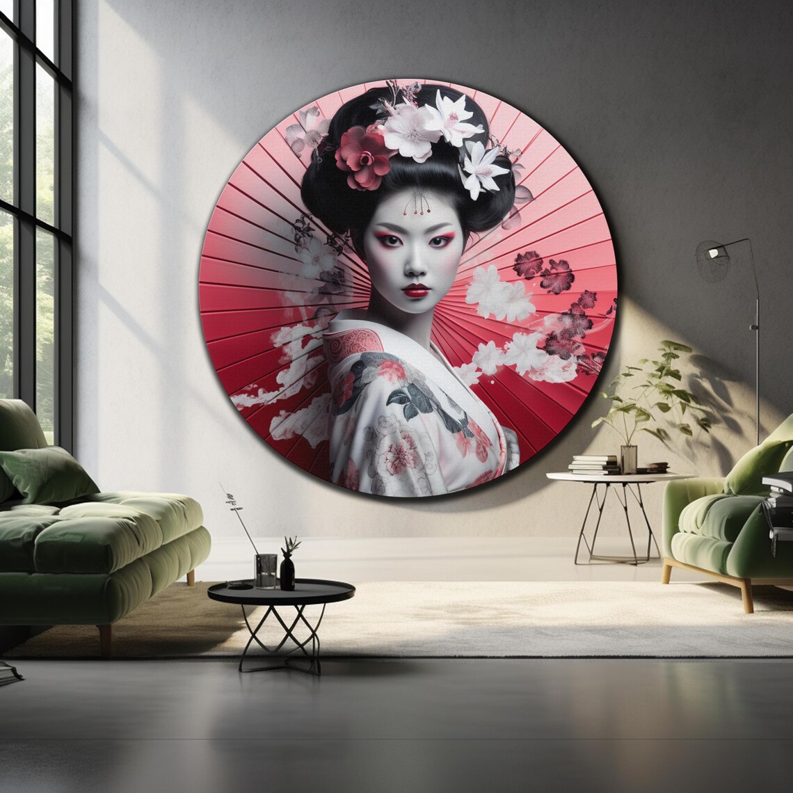 Geisha Portrait Round Red Fan Cherry Blossom Kimono Wall Art Poster - Image 4