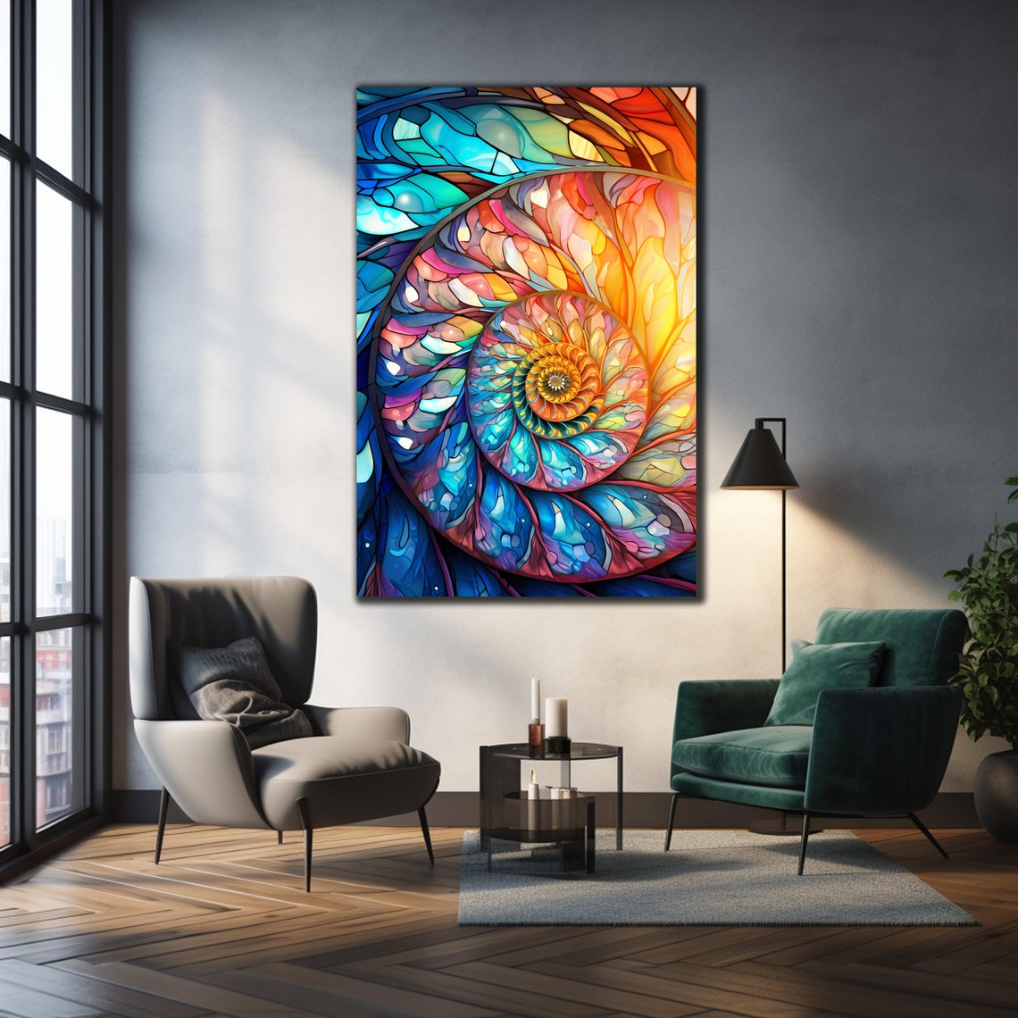 Rainbow Nautilus Spiral Stained Glass Shell Ocean Inspired Wall Poster - Image 3